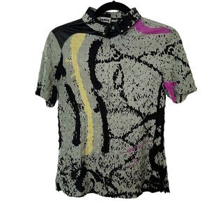 Jamie Sadock Crinkle Faux Leather Green Black Splatter Golf Top - Size Small